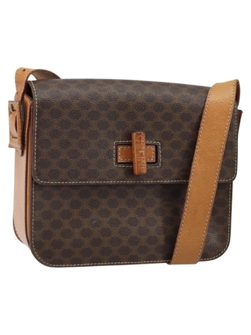 Authentic CELINE Macadam Canvas Shoulder Bag PVC Leather Brown Gold